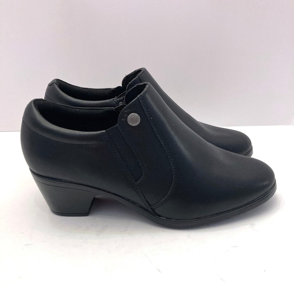 Clarks Emily2 Reyna Black Leather Ankle Boots Women 9 Wide Zip Block Heel Bootie